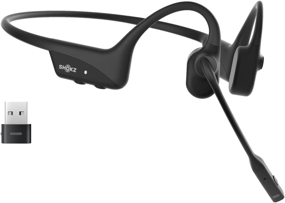 SHOKZ OpenComm2 UC Bone Conduction Open-Ear Stereo Bluetooth Headset with Noise-Canceling Boom Mic, 16 hours of talk time, Black